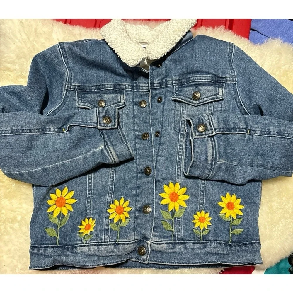 Gymboree Girl's Sherpa Lined Embroidered Sunflowers Denim Jean Jacket, Size 10